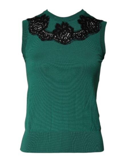 Green Wool Lace Detail Sleeveless Tank Top - Image 6