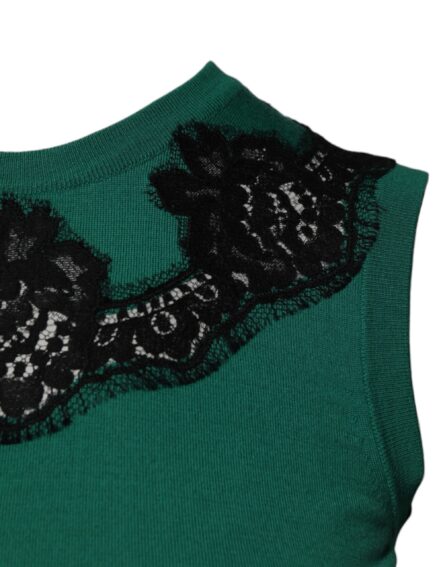 Green Wool Lace Detail Sleeveless Tank Top - Image 3