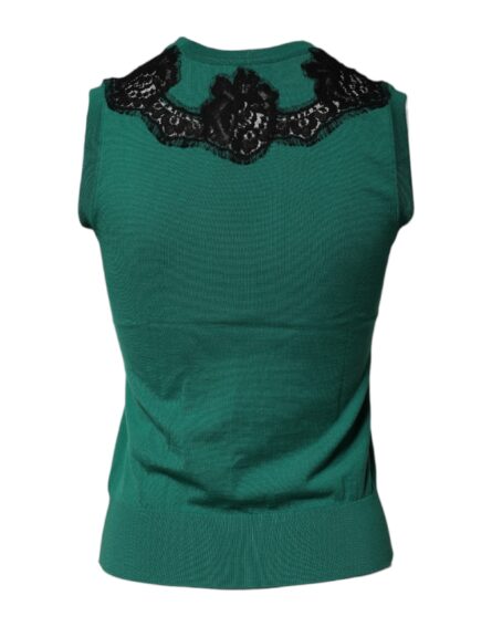 Green Wool Lace Detail Sleeveless Tank Top - Image 4