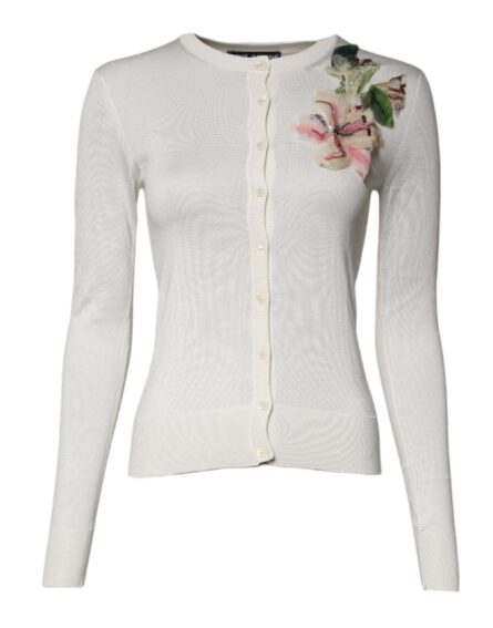 Cream Floral Silk Embellished Cardigan Sweater - Image 7
