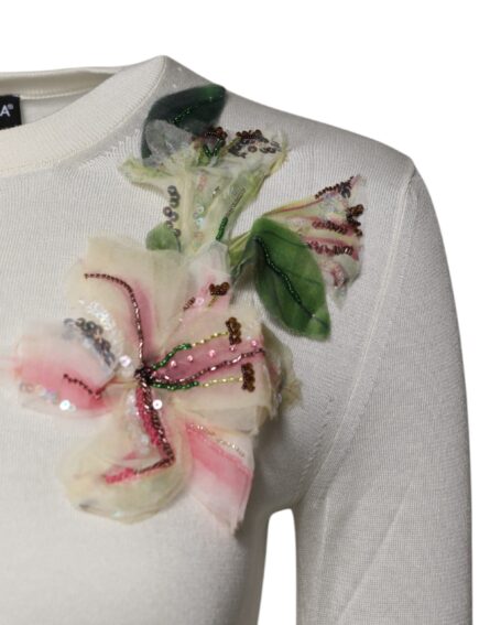 Cream Floral Silk Embellished Cardigan Sweater - Image 8