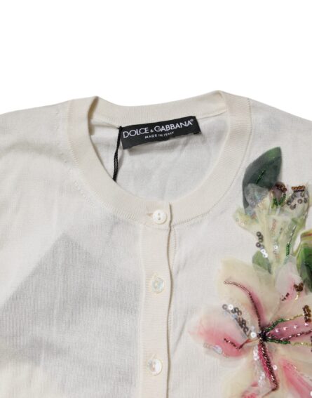 Cream Floral Silk Embellished Cardigan Sweater - Image 10