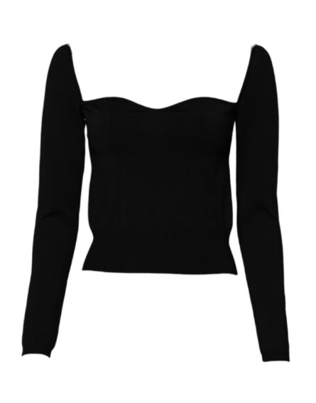 Black Square Neckline Long Sleeves Sweater - Image 7