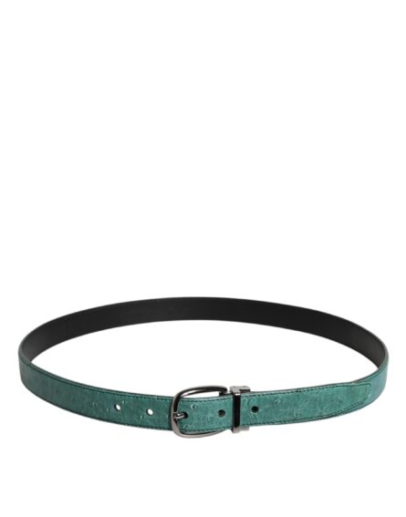 Green Leather Silver Tone Metal Buckle Belt - Image 3