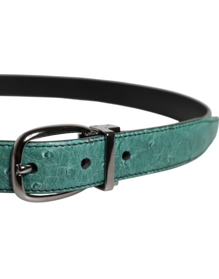 Green Leather Silver Tone Metal Buckle Belt - Image 10