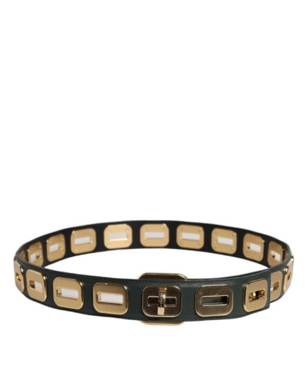 Green Leather Gold Tone Rotating Buckle Belt - Image 3