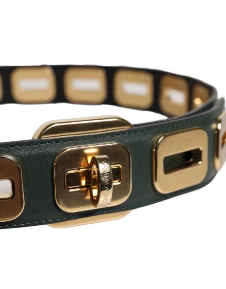 Green Leather Gold Tone Rotating Buckle Belt - Image 4