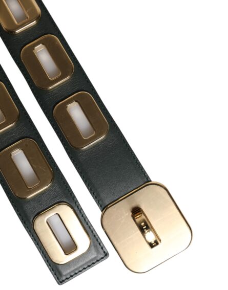 Green Leather Gold Tone Rotating Buckle Belt - Image 5