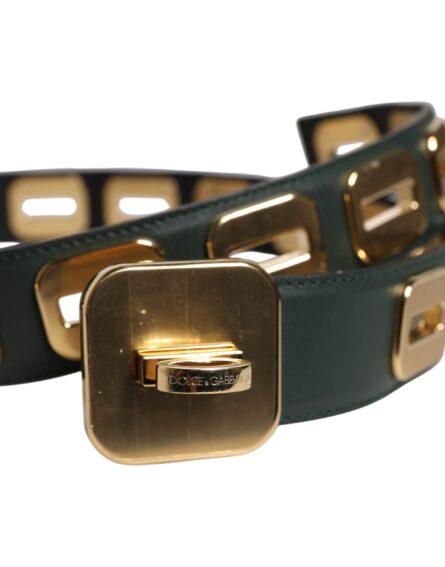Green Leather Gold Tone Rotating Buckle Belt - Image 6