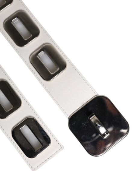 White Leather Gold Tone Rotating Buckle Belt - Image 6