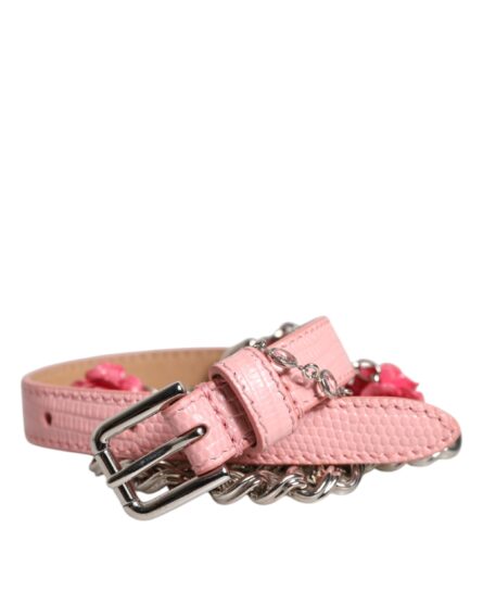 Pink Embelished Roses Textured Leather Belt - Image 6