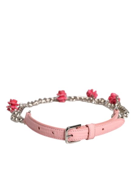Pink Embelished Roses Textured Leather Belt - Image 8