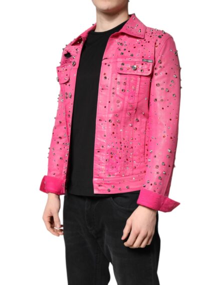 Pink Crystal Embellished Cotton Denim Jacket - Image 3