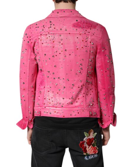 Pink Crystal Embellished Cotton Denim Jacket - Image 10