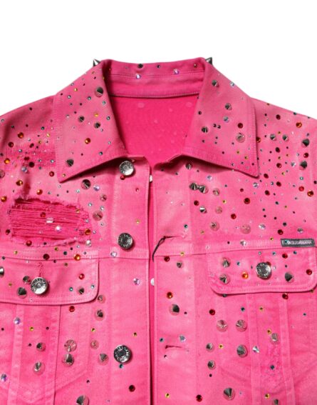 Pink Crystal Embellished Cotton Denim Jacket - Image 11