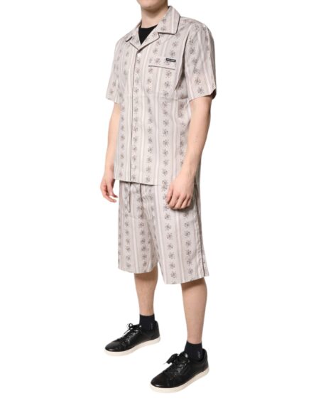 Beige Floral Print Cotton Men Pajama Set Sleepwear - Image 3