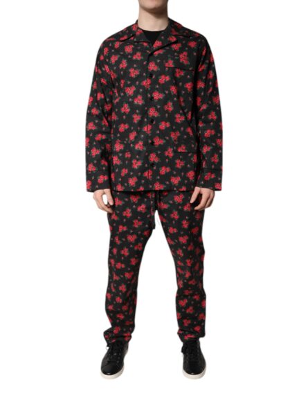 Black Floral Print Cotton Men Pajama Set Sleepwear - Image 7