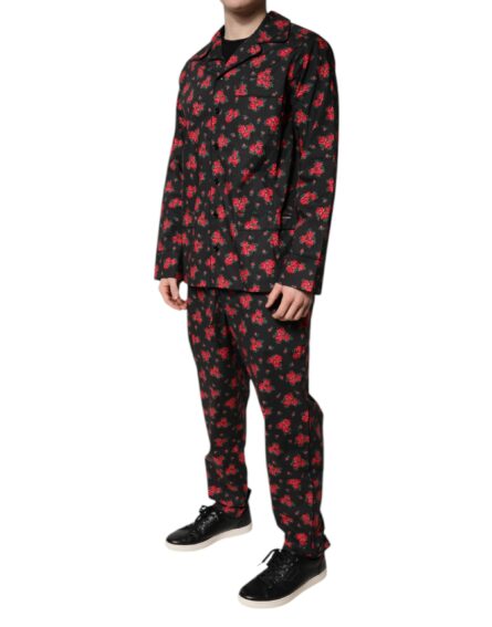 Black Floral Print Cotton Men Pajama Set Sleepwear - Image 8