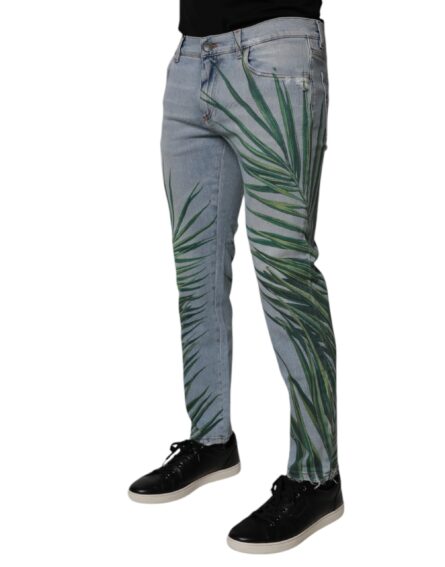Light Blue Leaf Cotton Classic Men Denim Jeans - Image 3