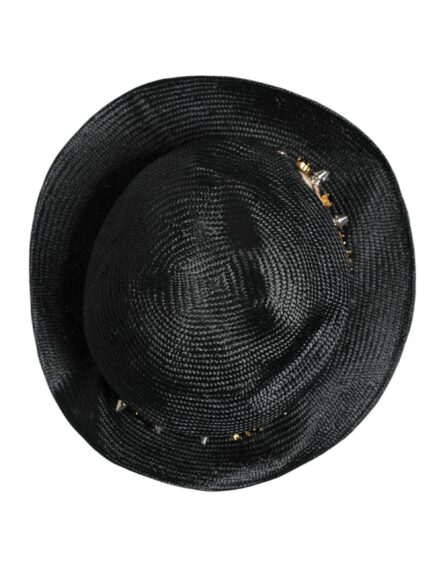 Black Straw Crystal Embellished Wide Brim Hat - Image 5