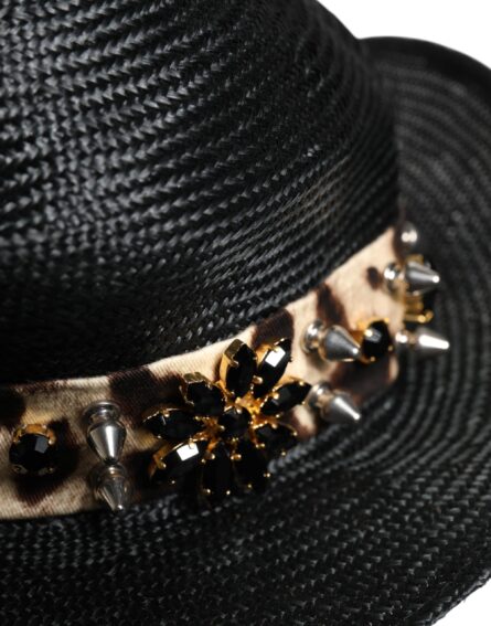 Black Straw Crystal Embellished Wide Brim Hat - Image 6