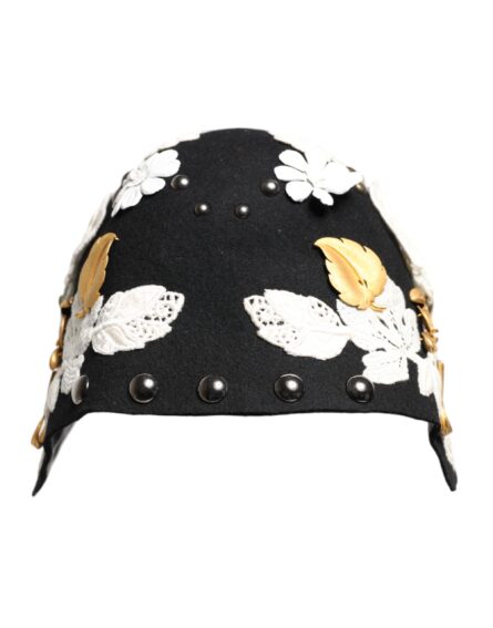 Black Wool White Floral Gold Leaf Cloche Hat - Image 4