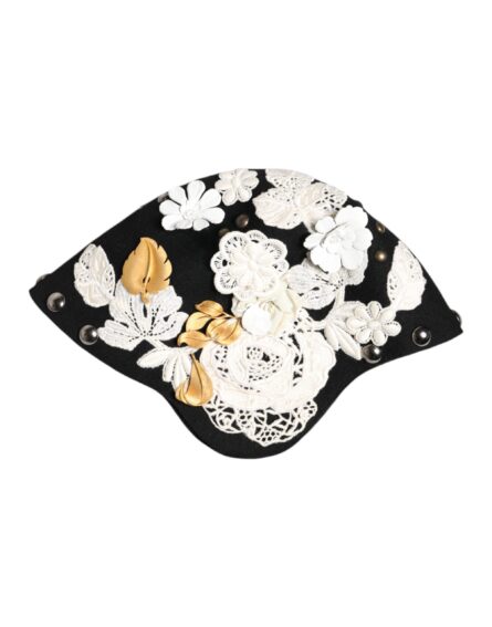 Black Wool White Floral Gold Leaf Cloche Hat - Image 6