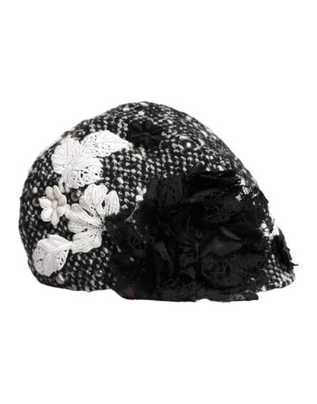 Black Wool White Floral Embellished Cloche Hat - Image 3