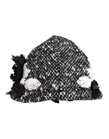 Black Wool White Floral Embellished Cloche Hat - Image 4