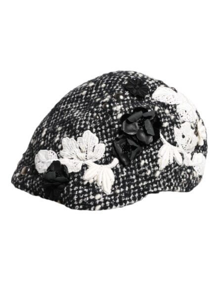 Black Wool White Floral Embellished Cloche Hat - Image 5