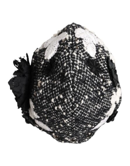 Black Wool White Floral Embellished Cloche Hat - Image 7