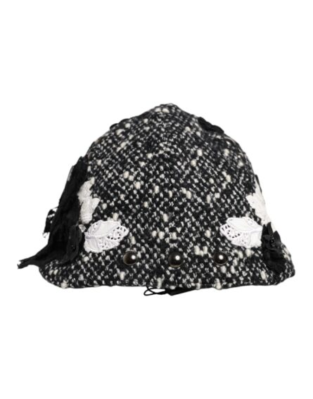 Black Wool White Floral Embellished Cloche Hat - Image 4