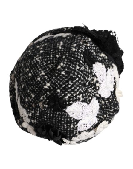 Black Wool White Floral Embellished Cloche Hat - Image 5
