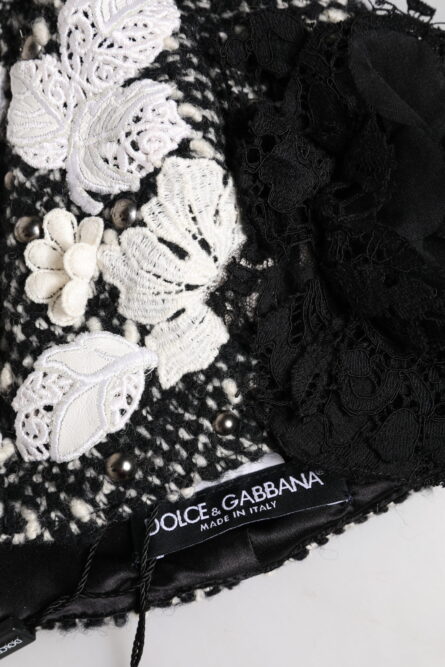 Black Wool White Floral Embellished Cloche Hat - Image 6