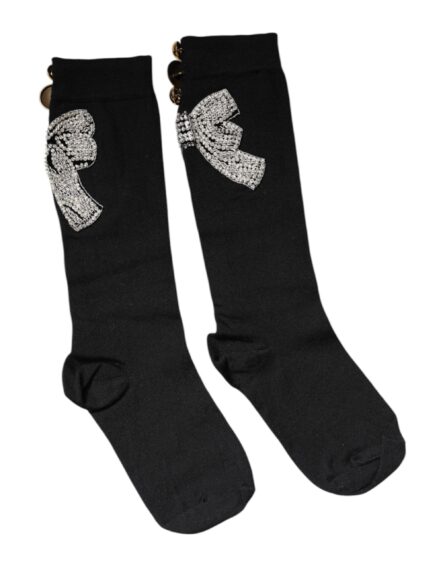 Black Knit Floral Crystal Embellishment Socks - Image 7