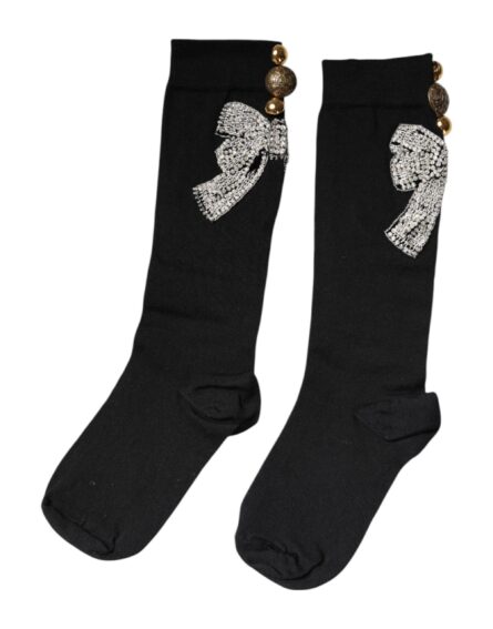 Black Knit Floral Crystal Embellishment Socks - Image 8