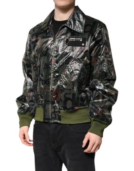 Green DG Logo Print Bomber Full Zip Jacket - Image 3