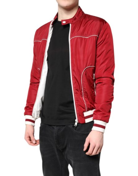 Red White Nylon Full Zip Men Bomber Jacket - Image 3