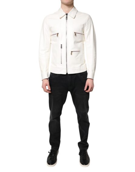 White Collared Full Zip Biker Coat Jacket - Image 2