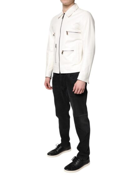 White Collared Full Zip Biker Coat Jacket - Image 3