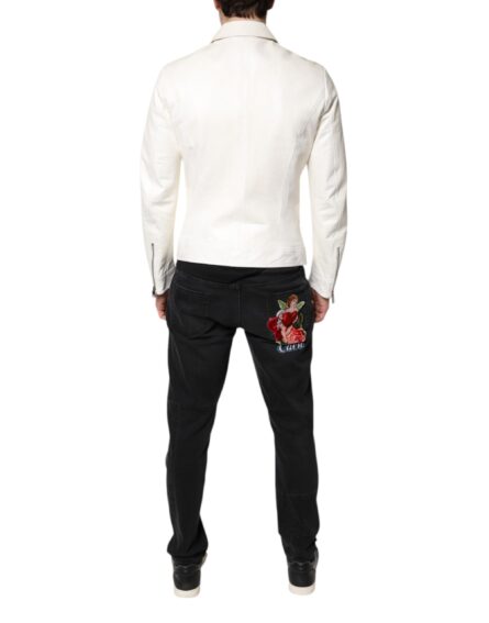 White Collared Full Zip Biker Coat Jacket - Image 4